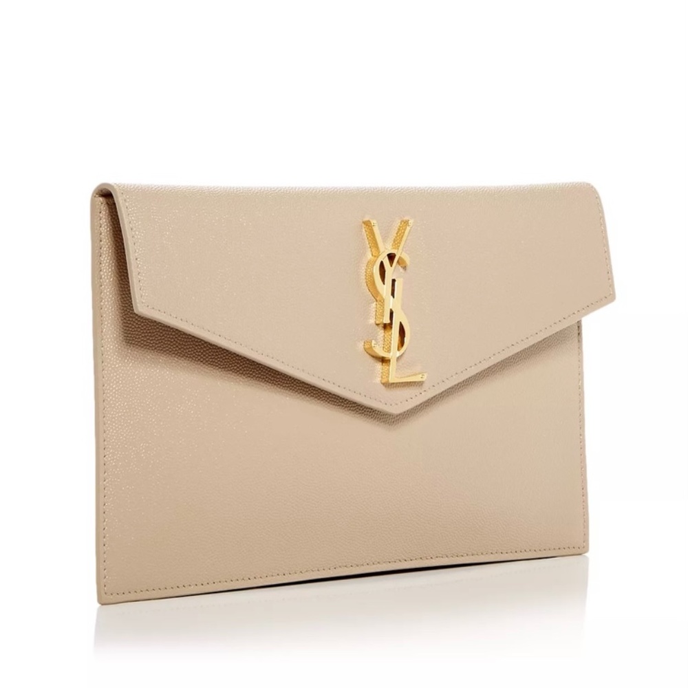 Yves Saint Laurent Tan Leather Clutch with Gold Logo